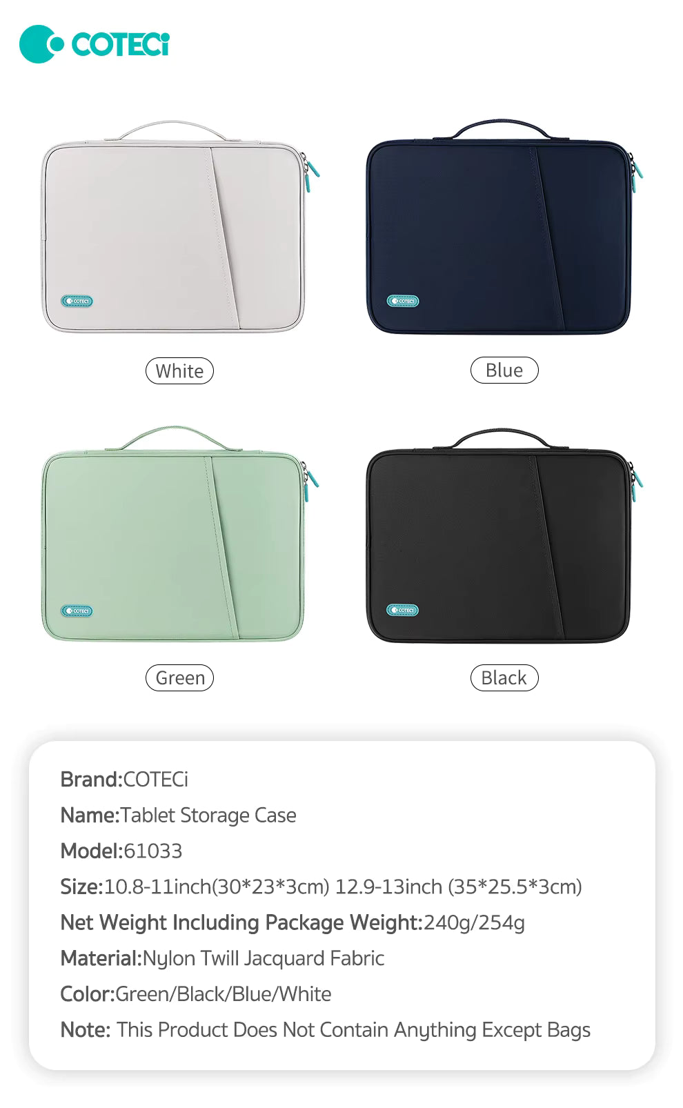COTECi Large Capacity Waterproof Dustproof Nylon Business Laptop Sleeve Bag Handheld Nylon Laptop Sleeve Zipper Handle Pouch