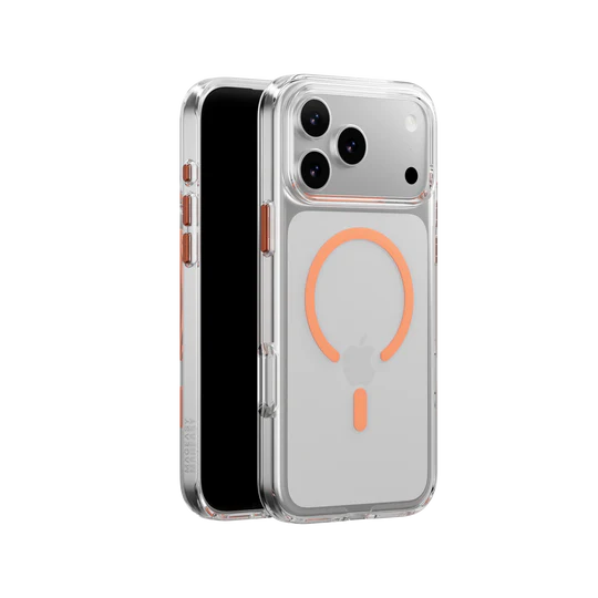 Mageasy Bright M Never Yellowing Protective Clear Case for iPhone 17 Pro Max - Transparent/Coral ring