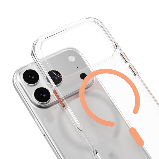 Mageasy Bright M Never Yellowing Protective Clear Case for iPhone 17 Pro - Transparent/ Coral Ring