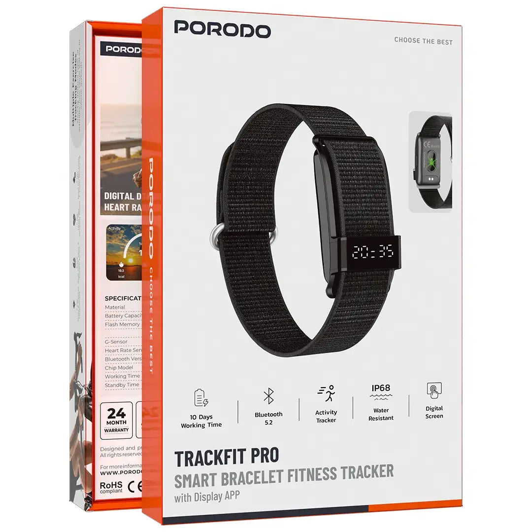 Porodo Trackfit Pro Smart Bracelet Fitness Tracker with Display App (BLACK)