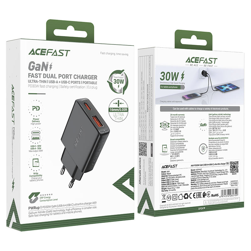 Fast Charge Wall Charger A69 PD30W GaN (1xUSB-C + 1xUSB-A) EU