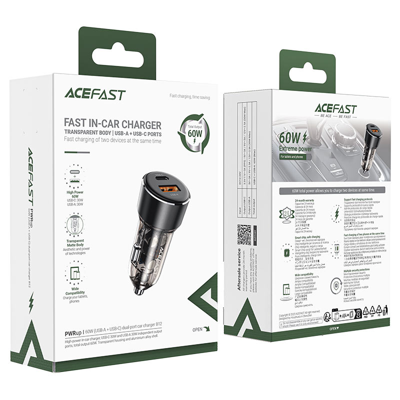Fast Charge Car Charger B12 60W (1xUSB-C + 1xUSB-A)